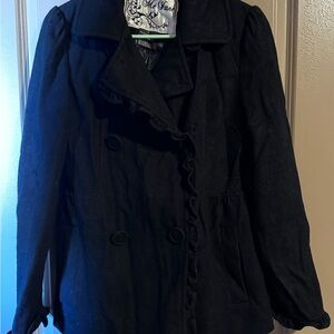 Me Jane Black Double-Breasted Peacoat with Ruffle Trim